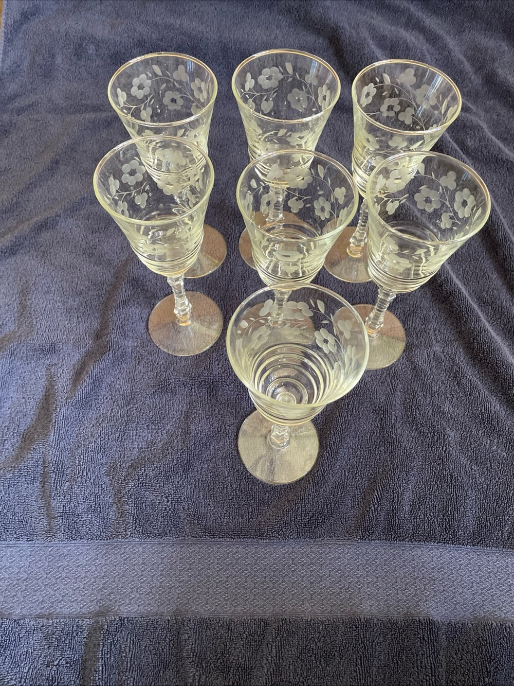 7 Rock Sharpe 7 Water Goblets Vintage Floral Cut Stemware Libbey MCM Lot